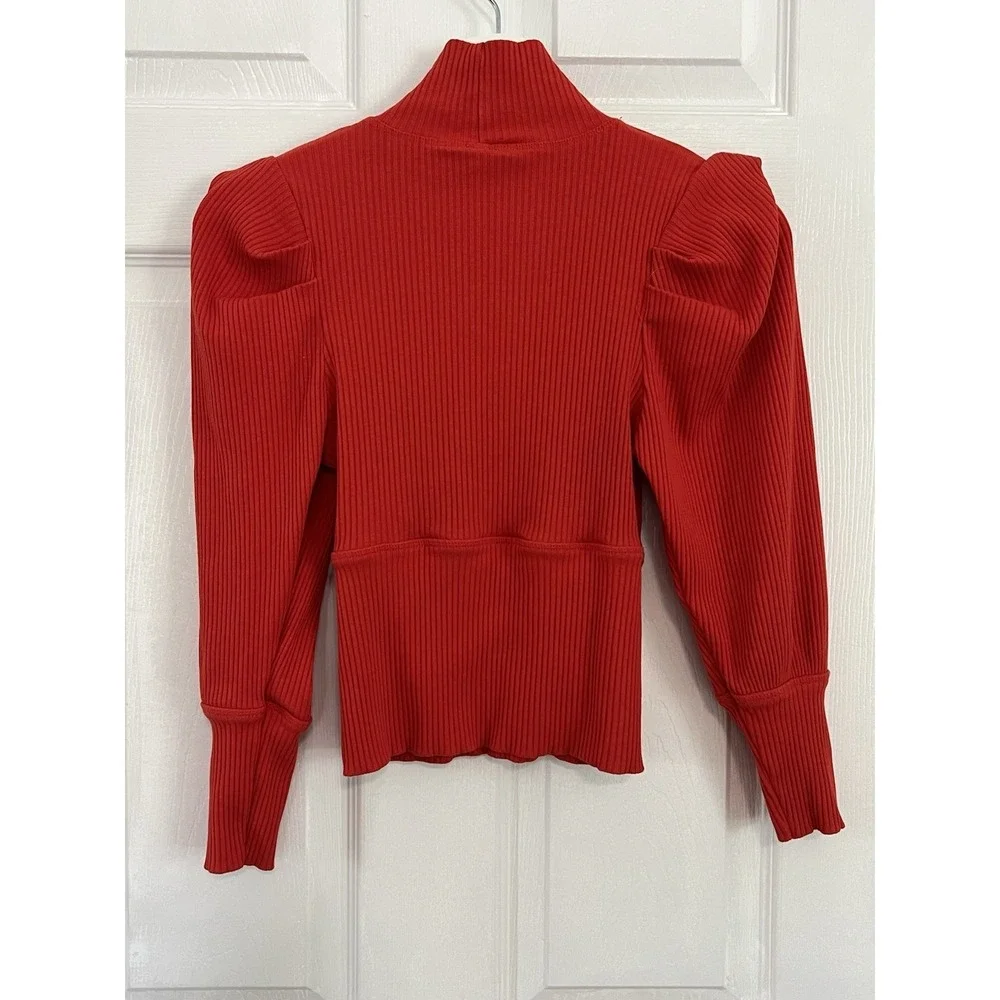 Free People Red Ribbed Mock Neck Puff Sleeve Knit Top Romantic Coquette Boho‎ M